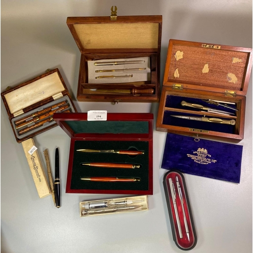 194 - Box comprising assorted vintage pens, to include: Conway Stewart, modern cased and other sets etc.  ... 