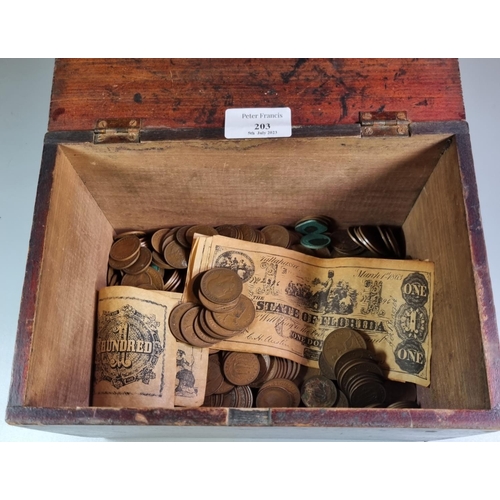 203 - Mahogany box, the interior revealing assorted GB coinage etc.  (B.P. 21% + VAT)