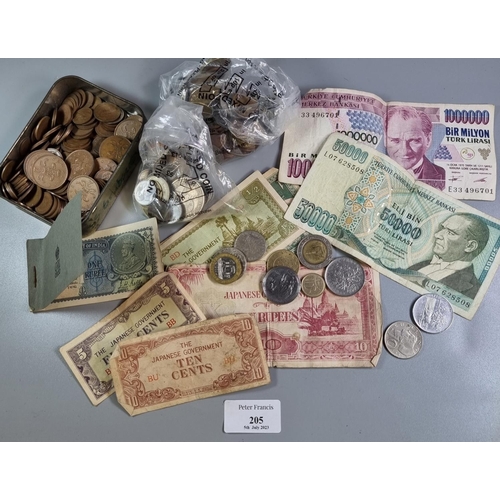 205 - Box of assorted GB and foreign coinage, banknotes including The Japanese Government 10 Rupees etc.  ... 