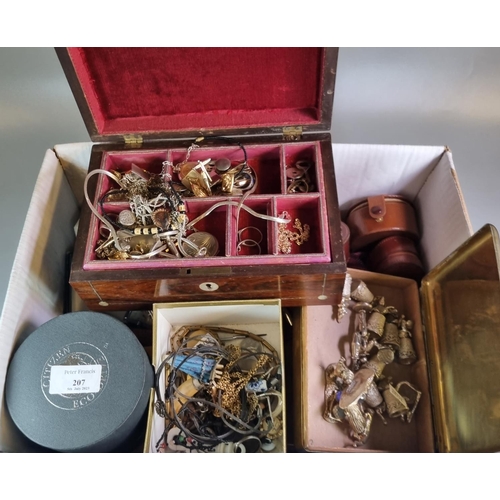 207 - Box of oddments to include: gents wristwatches, leather stud box with studs, costume jewellery, 19th... 