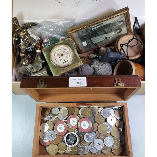 208 - Wooden box of assorted tokens: bus tokens, National Transport tokens, poker chips etc.  together wit... 