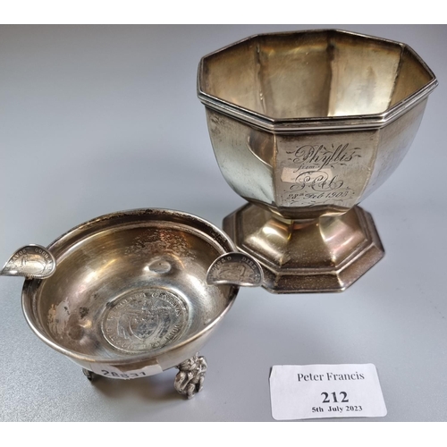 212 - Early 20th century silver presentation octagonal sucrier dated 1903 with Birmingham hallmarks.  3.5 ... 