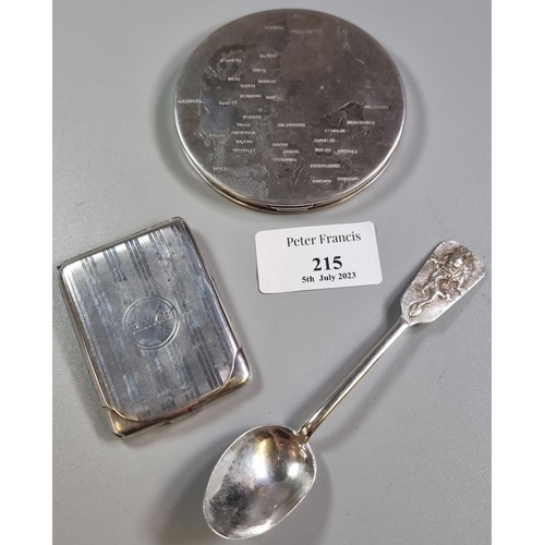 215 - Art Deco design engine turned ladies Danish silver compact, together with a Chinese white metal teas... 