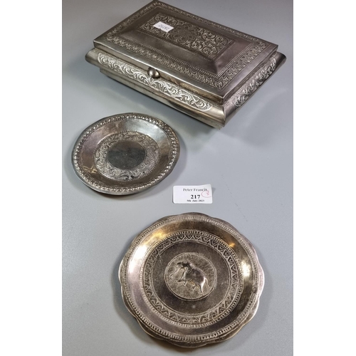 217 - Collection of Indian white metal items, to include: jewellery casket and two circular trays, one wit... 