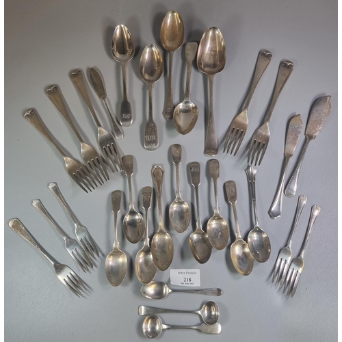 218 - Bag of assorted silver flatware: spoons, forks etc.  various hallmarks.  29 troy oz approx.  (B.P. 2... 