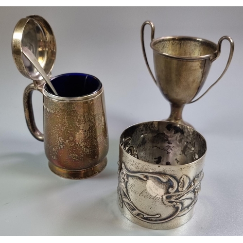 220 - Miniature silver two handled trophy cup with Birmingham hallmarks together with a continual floral n... 