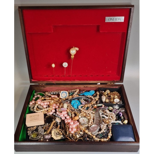 224 - Wooden box comprising assorted jewellery: pendants, necklaces, watches, pearls, hat pin etc.  (B.P. ... 