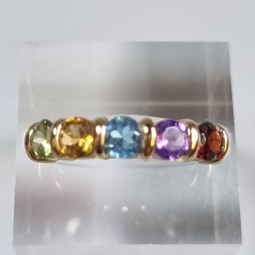 228 - 9ct gold multi coloured five stone dress ring.  2.2g approx.  Size J1/2.  (B.P. 21% + VAT)