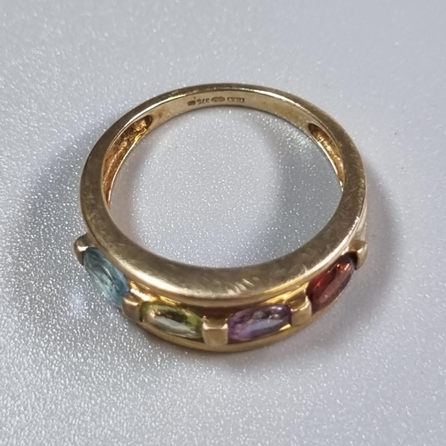 239 - 9ct gold four stone multi coloured dress ring.  2.8g approx.  Size K1/2.  (B.P. 21% + VAT)