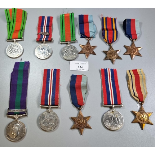 274 - Collection of WWII medals for Evan and John Collins (brothers), to include: Burma Star, Africa Star,... 