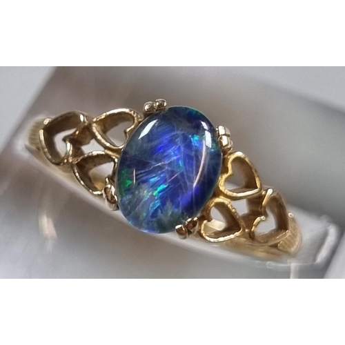 276 - 9ct gold opal dress ring with heart shank.  1.8g approx.  Size O.  (B.P. 21% + VAT)