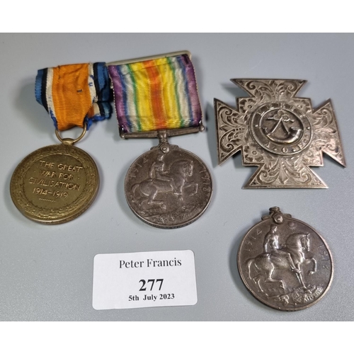 277 - Two 1914-1918 WWI medals, one with ribbon, the rim marked 'G 9230 PTE C Hill E. Kent. R', the other ... 