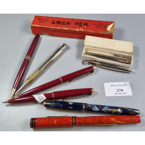 279 - Bag of vintage writing pens and fountain pens to include: Swan, Conway Stewart 14K nibbed etc.  (B.P... 