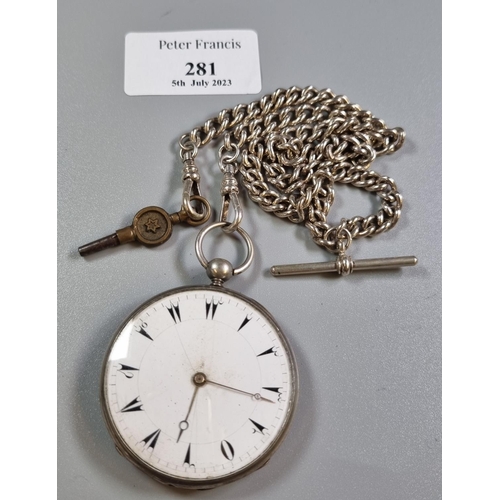 281 - Silver open faced enamelled pocket watch with T bar chain and key.  (B.P. 21% + VAT)