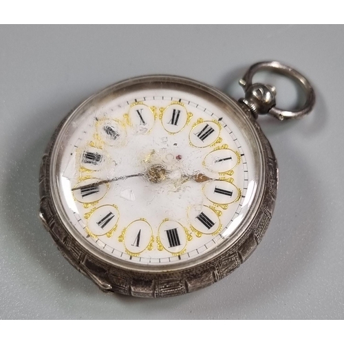 282 - Early 20th century silver engine turned enamelled face ladies fancy fob watch.  (B.P. 21% + VAT)