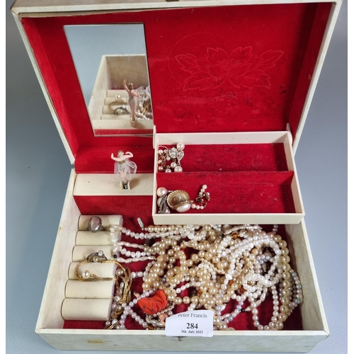 284 - Jewellery box comprising assorted mainly costume jewellery: dress rings, simulated pearls, earrings ... 