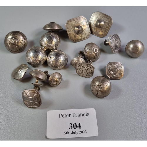 304 - Bag of Scandinavian white metal buttons, some made into a brooch, studs etc.  (B.P. 21% + VAT)