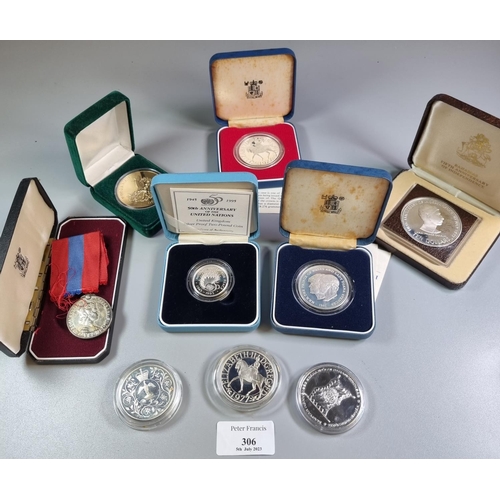 306 - Bag of silver and other coins to include: 50th Anniversary of the United Nations silver proof £2 coi... 