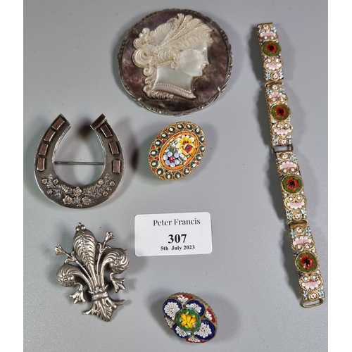 307 - Large Victorian silver and mother of pearl silver cameo brooch, together with a Fleur de Lys silver ... 