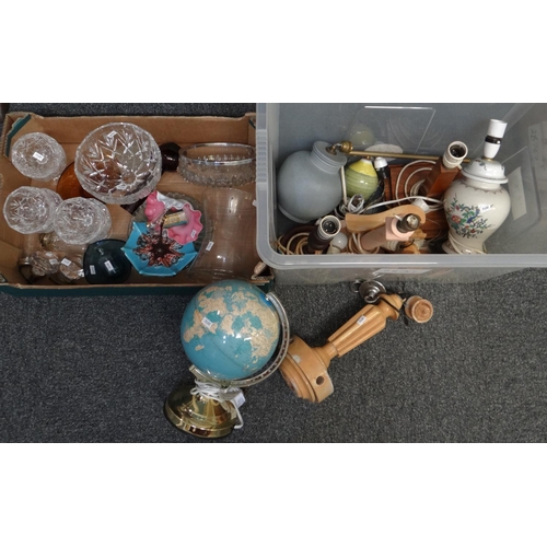 322 - Three boxes of assorted items to include: various table lamp bases, illuminated globe, ginger jar co... 