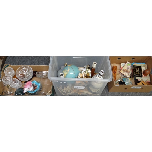 322 - Three boxes of assorted items to include: various table lamp bases, illuminated globe, ginger jar co... 