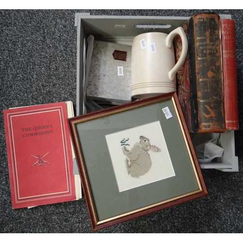 324 - Small box of mixed items to include: needlepoint picture of a rabbit, Keith Murray Wedgwood mug, box... 