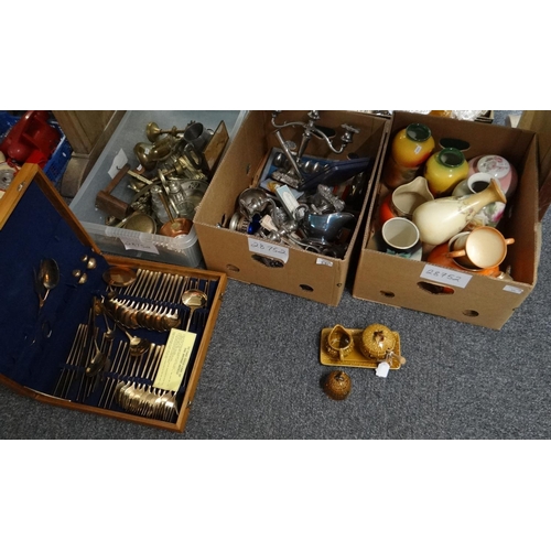 331 - Three boxes of assorted items to include: cased bronze cutlery set, various vases; Crown Ford, blush... 