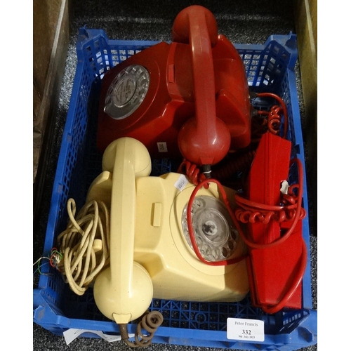 332 - Box of vintage telephones to include; two rotary dial and one Betacom wall phone.
(B.P. 21% + VAT)