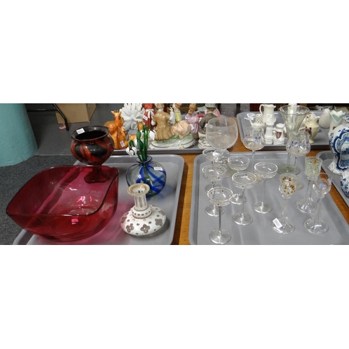 344 - Two trays of glassware to include: cranberry glass centre bowl, various Art Nouveau liqueur glasses ... 