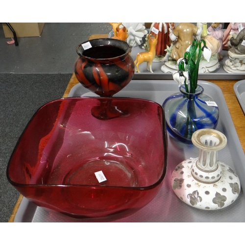 344 - Two trays of glassware to include: cranberry glass centre bowl, various Art Nouveau liqueur glasses ... 