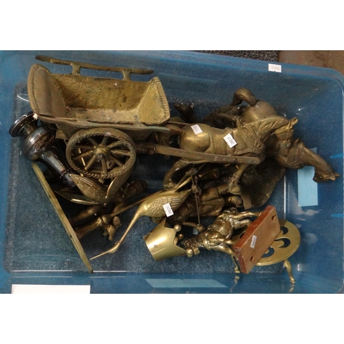 346 - Box of metalware to include: various brass figures; horse and cart, horses, people, birds etc, trive... 