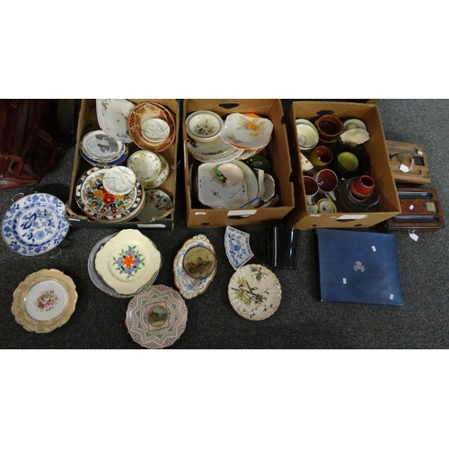 349 - Three boxes of mostly china to include: various plates; Royal Worcester 'Evesham', Crown Devon Field... 