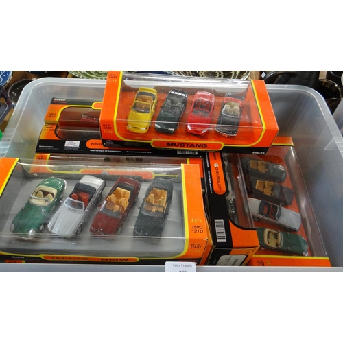 388 - Plastic box comprising eight IL Cast diecast 1:43 scale models to include: Mercedes Benz, Mustang, J... 