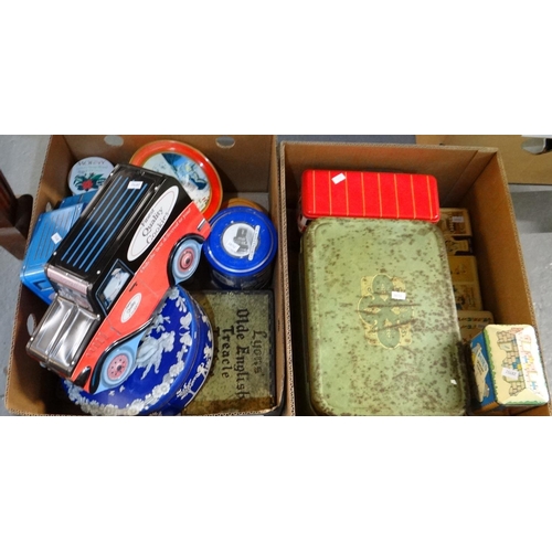 395 - Two boxes of vintage tins to include: vehicle shaped tins, toffee tins, commemorative cigar tin, Fox... 