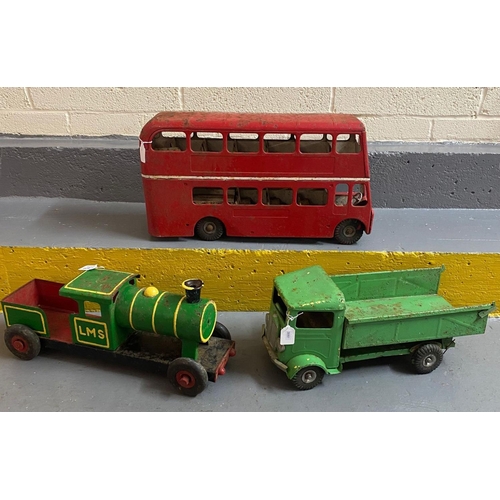 403 - Collection of vintage metal vehicles, to include: double decker bus, tip-up truck/lorry and LMS stea... 