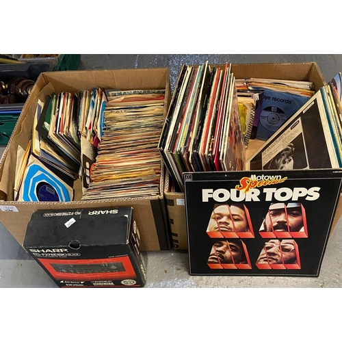 406 - Two boxes of vinyl LPs and RPM 45s to include: Super Bad, The Nolan Sister, Leo Sayer, Shirley Basse... 