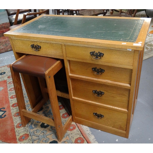 432 - 20th Century pale oak single pedestal leather top writing desk with associate stool.  (B.P. 21% + VA... 