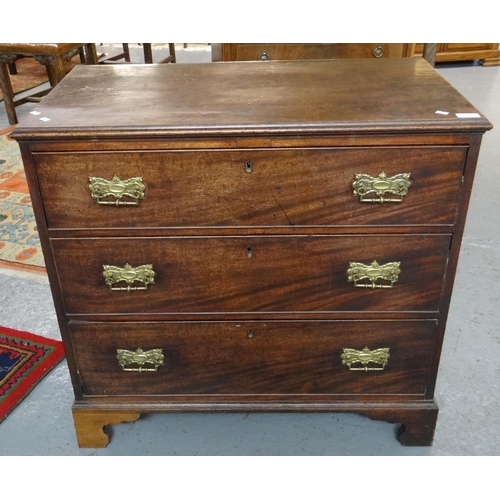 437 - 19th century mahogany straight front chest of three drawers on projecting base and bracket feet.  85... 