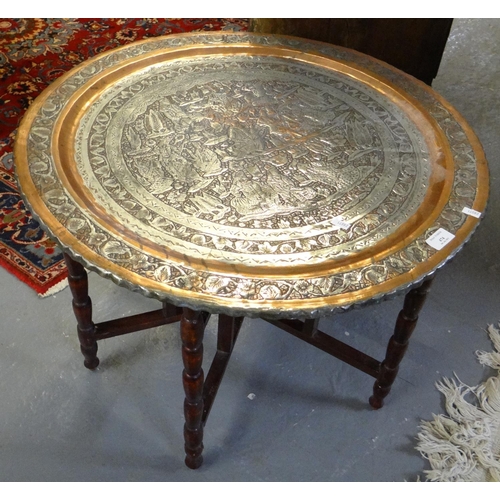 474 - Early 20th century Indian tray in white metal and copper on a folding stained stand.  (B.P. 21% + VA... 