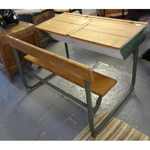 478 - Vintage beech double school desk and bench.  (B.P. 21% + VAT)