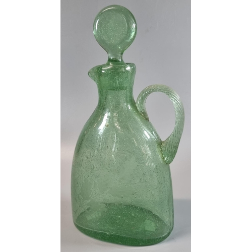 52 - Unusual green soda glass flask shaped single handled decanter and stopper with etched decoration of ... 