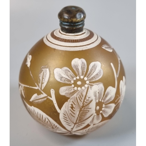 56 - Probably French Art glass globular shaped scent bottle, hand painted with butterflies, flowers and f... 