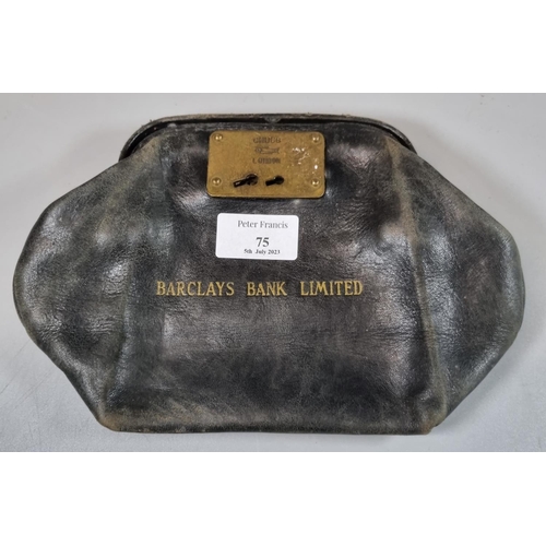 75 - Vintage Barclays Bank Ltd leather money bag with brass plaques marked 'Aberystwyth branch No.8 by Ch... 