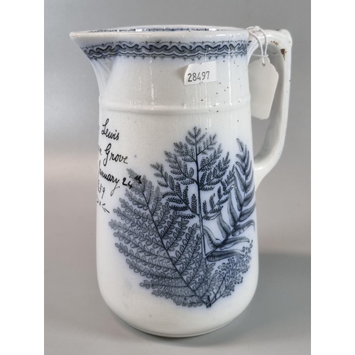 90 - 19th Century Llanelly pottery fern jug, 'Mary Lewis, Cowyn Grove, born January 24th 1859'.
(B.P. 21%... 