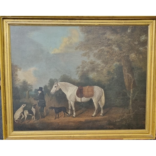 100 - Clifton Tomson (British, Nottingham, 1775-1828), sporting scene with grey pony bearing saddle bags, ... 