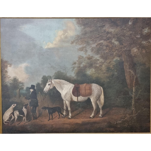 100 - Clifton Tomson (British, Nottingham, 1775-1828), sporting scene with grey pony bearing saddle bags, ... 