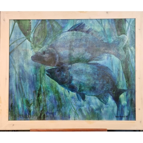 113 - Peter Burden (contemporary born 1948), 'Carp', oils on board, signed and dated 1969.  78x95cm approx... 