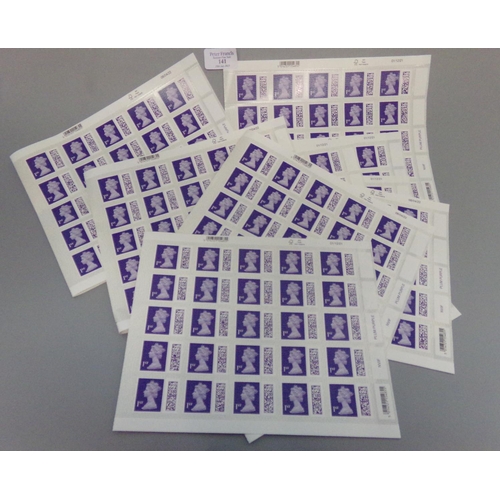 141 - Great Britain 500 First Class Bar-Coded stamps in 10 sheets of 50 as received from Edinburgh in the ... 