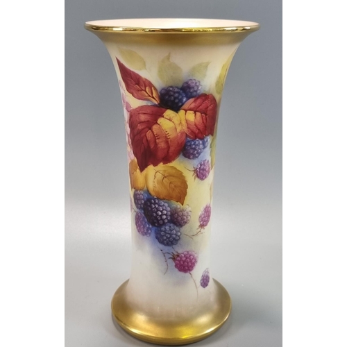 158 - Royal Worcester porcelain trumpet vase with flared neck and gilded mounts, hand painted with blackbe... 