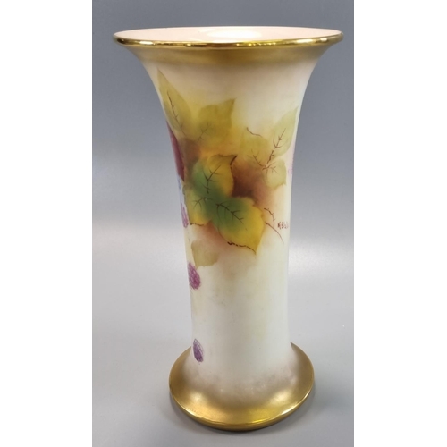 158 - Royal Worcester porcelain trumpet vase with flared neck and gilded mounts, hand painted with blackbe... 